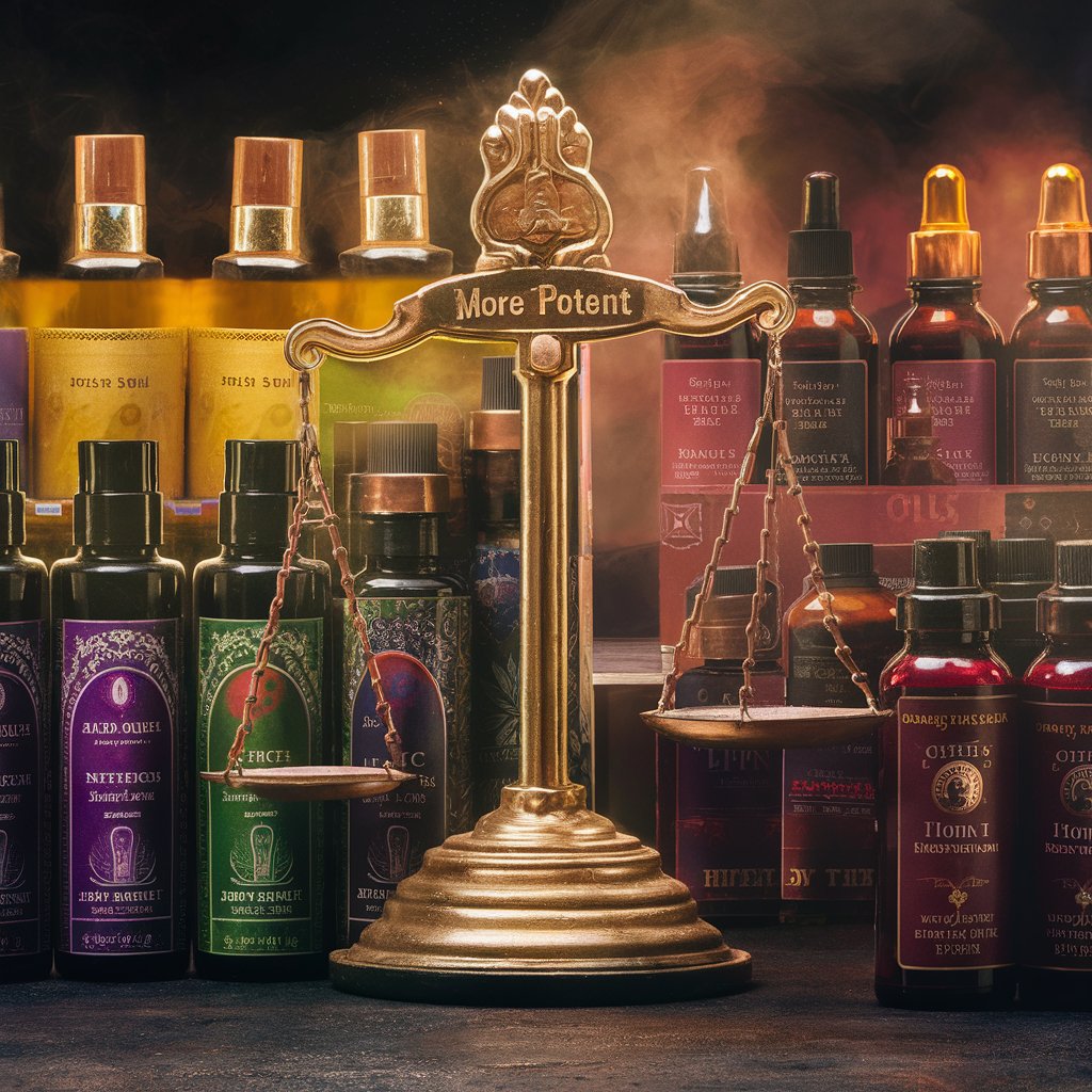 Assorted oils and lotions displayed on a scale.